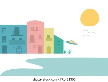 Multicolored houses next to the beach. Tables and chairs under a parasol. Sun and birds on white background.