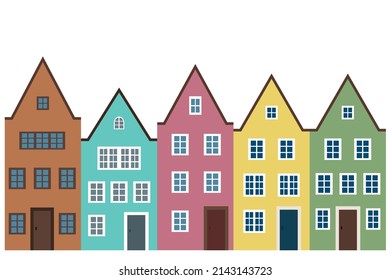 Multicolored houses on white background, flat vector, set of five houses