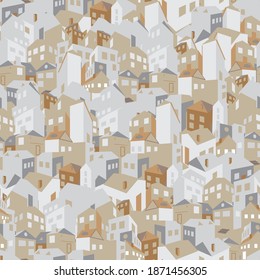 Multicolored houses in perspective, seamless pattern. Stylized decorative print on fabric or wrapping paper. Vector illustration