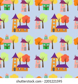 Multicolored houses - seamless pattern. Vector illustration. For stationery, websites and web pages, websites, prints, textiles and clothing, childrens products, home interiors.