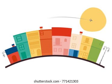 Multicolored houses, sun and plane on white background.