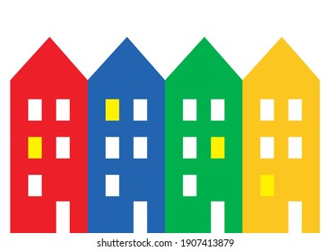 Multicolored Houses With White And Yellow Windows, In A Row, Red, Blue, Green And Yellow Colors, Vector Icon