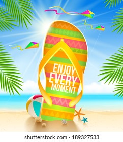 Multicolored huge flip-flop with summer greeting on the tropical beach - vector illustration