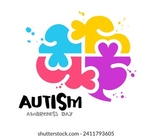 Multicolored human brain consisting of four colored pieces of puzzles with hearts. Autism Awareness Day. Vector illustration on a white background.