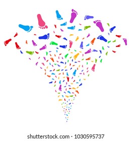 Multicolored Human Footprint fireworks fountain. Object fountain constructed from random human footprint icons as fireworks. Vector illustration style is flat iconic symbols with psychedelic colors.