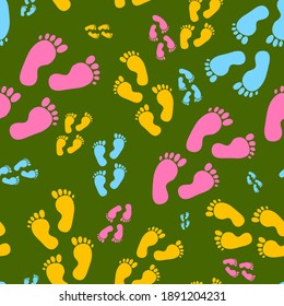 Multicolored human footprints on a green background, abstract texture for design, seamless pattern, vector illustration