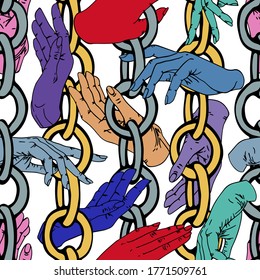 Multi-colored human hands entangled in large silver and gold chains. Seamless pattern for different surfaces.