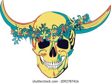 multicolored human skull with cow horns in a floral wreath, isolated illustration with no background