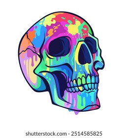 Multicolored human skull splattered with paint