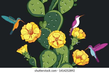  
Multicolored Hummingbirds and Blooming Opuntia. Exotic seamless pattern on a black background. Vector vintage texture. 

