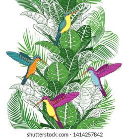 
Multicolored hummingbirds, croton foliage and palm leaves. Hand drawn seamless pattern of exotic nature. Vector texture on a white background.
