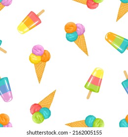Multicolored ice cream balls in waffle cones and  Ice lolly on white background. Vector cartoon seamless pattern with summer sweets. 