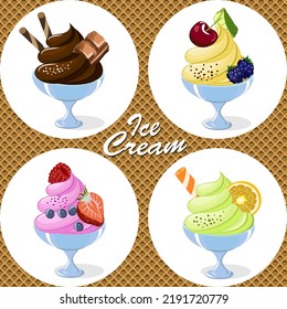 Multi-colored ice cream in bowls.Vector illustration with a set of ice cream in bowls on a waffle background with text.