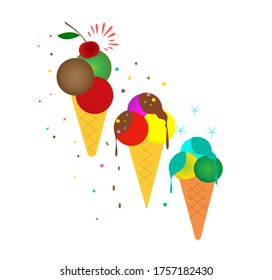 Multicolored ice cream cones.
Set of various ice cream.
Vector isolated illustration.