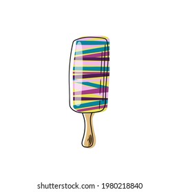 Multicolored ice cream on a stick on a white plate with pink glaze. Vector illustration of summer sweetness