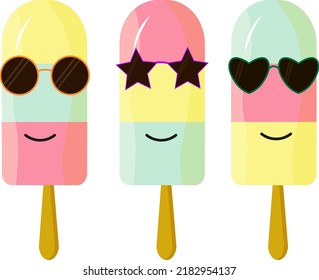 Multicolored ice cream in sunglasses. Postcard template for holidays, parties, posters and prints, childrens products and other design. Vector illustration
