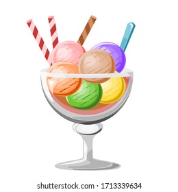 Multi-colored ice cream vector illustration in a glass bowl on a white background.Coffee ice cream.the image contains elements for the menus of cafes, cafeterias, shops, shops, restaurants.