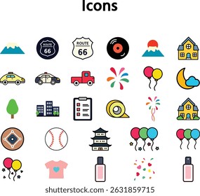 Multicolored icon set featuring travel, city life, nature, and celebration elements