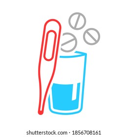 Multicolored icon of a thermometer and a glass with a medicine. Simple linear image of pills flying into a glass of water and a thermometer to measure temperature. Isolated vector on white background.