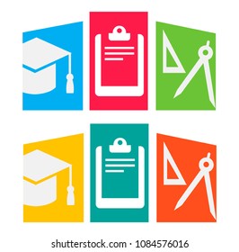 multicolored icons: compass, ruler, document on white background
