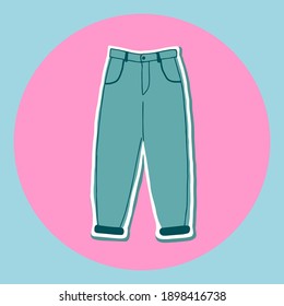 Multicolored icons for social networks. Summer clothes. Pants for all seasons. Blue jeans hand-drawn on a pink circle.