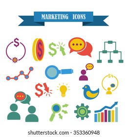 multicolored icons with tape on the topic marketing