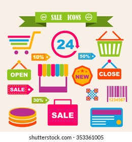 multicolored icons with tape on the topic discounts