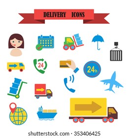multicolored icons with tape on the topic delivery