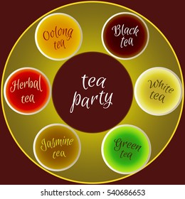 Multicolored illustration of different types of tea. Vector background for tea party.