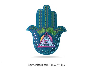 Multicolored illustration of a Hamsa hand with Evil Eye symbol.  Hand of Fatima religious sign with all seeing eye. Vintage bohemian style. Vector illustration in doodle zentangle style