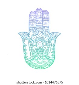 multicolored illustration of a hamsa hand symbol. Hand of Fatima religious sign with all seeing eye. Vintage bohemian style. Vector illustration in doodle zentangle style.