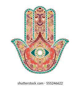 multicolored illustration of a hamsa hand symbol. Hand of Fatima religious sign with all seeing eye. Vintage bohemian style. Vector illustration in doodle zentangle style.