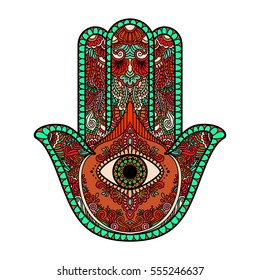 multicolored illustration of a hamsa hand symbol. Hand of Fatima religious sign with all seeing eye. Vintage bohemian style. Vector illustration in doodle zentangle style.