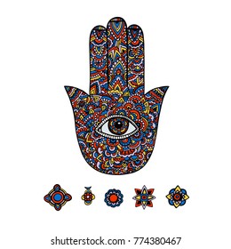 multicolored illustration of a hamsa hand symbol. Hand of Fatima religious sign with all seeing eye. Vintage bohemian style. Vector illustration in doodle zentangle style.