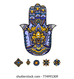 multicolored illustration of a hamsa hand symbol. Hand of Fatima religious sign with all seeing eye. Vintage bohemian style. Vector illustration in doodle zentangle style.