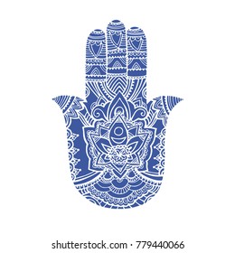 multicolored illustration of a hamsa hand symbol. Hand of Fatima religious sign with all seeing eye. Vintage bohemian style. Vector illustration in doodle zentangle style.