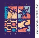 Multicolored illustration of tropical elements in an abstract composition.