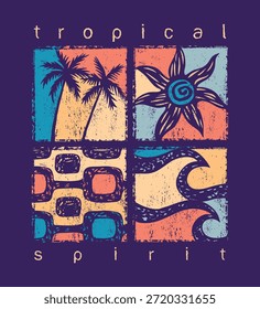 Multicolored illustration of tropical elements in an abstract composition.