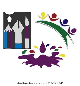 Multicolored illustrations of the object for drawing, colorful spots interspersed, representing the creative concept of painting. Flat style 