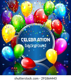 Multicolored inflatable balloons with circle frame and confetti on blue background