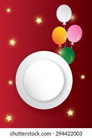 Multicolored inflatable balloons with paper frame buntings and confetti on red background