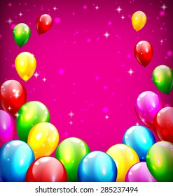Multicolored inflatable celebration balloons like frame on violet background