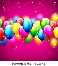 Multicolored inflatable celebration balloons on violet background