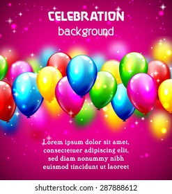 Multicolored inflatable celebration balloons on violet background