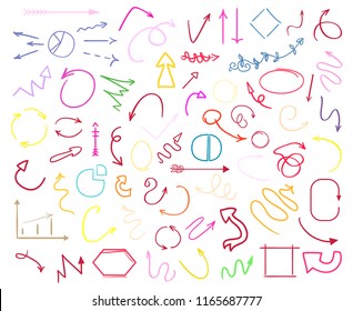 Multicolored infographic elements isolated on white. Set of different indicator signs. Tangled backdrops. Hand drawn simple objects. Line art. Abstract circles, arrows and rectangles. Symbols for work