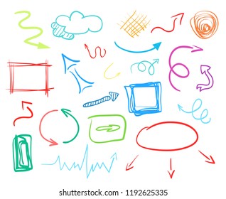 Multicolored infographic elements isolated on white. Set of different indicator signs. Hand drawn simple objects. Right and left direction pointers. Abstract circles, arrows and rectangles