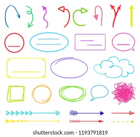 Multicolored infographic elements isolated on white. Set of different indicator signs. Hand drawn simple objects. Right and left direction pointers. Abstract circles, arrows and rectangles