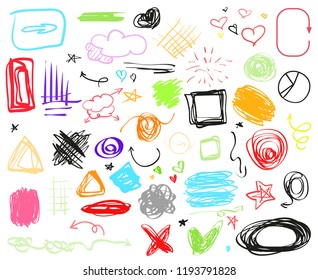 Multicolored infographic elements isolated on white. Set of different indicator signs. Hand drawn simple objects. Right and left direction pointers. Abstract circles, arrows and rectangles