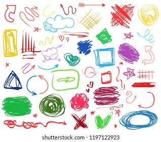 Multicolored infographic elements isolated on white. Big set of different indicator signs. Hand drawn simple objects. Right and left direction pointers. Abstract circles, arrows and rectangles