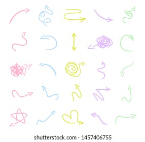 Multicolored infographic elements isolated on white. Set of sketchy abstract arrows. Hand drawn simple pointers. Symbols for work